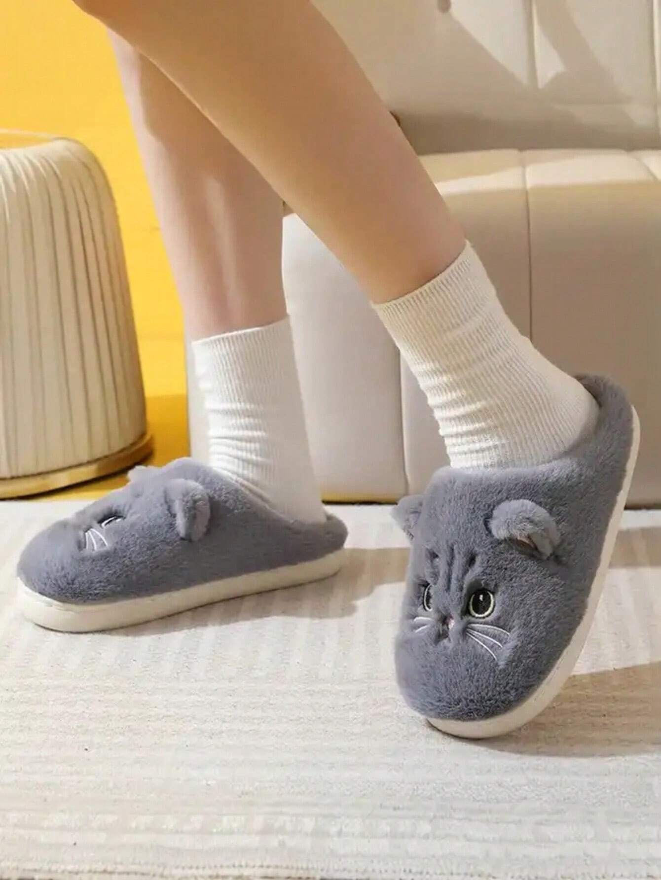 Comfortable Grey Cat Slippers for Men and Women