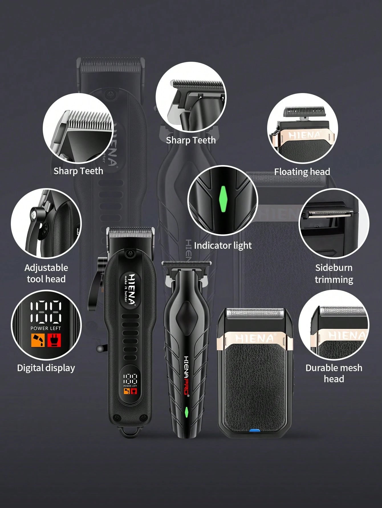 HIENA 3-In-1 Men's Hair Clipper And Electric Shaver Set USB Rechargeable Cordless Trimmer LED Display Lithium Battery Mini Body Multiple Accessories Gift Box