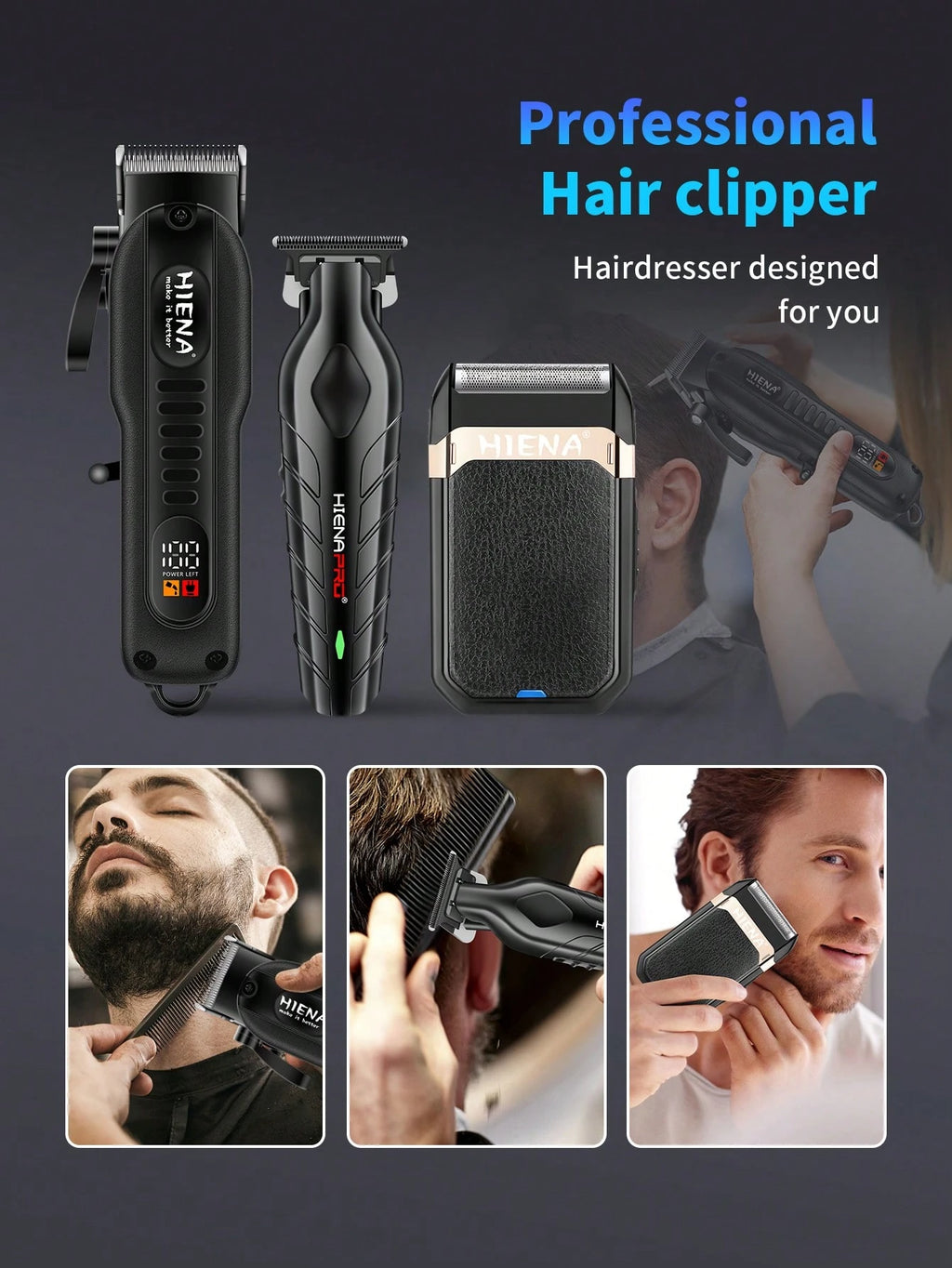 HIENA 3-In-1 Men's Hair Clipper And Electric Shaver Set USB Rechargeable Cordless Trimmer LED Display Lithium Battery Mini Body Multiple Accessories Gift Box