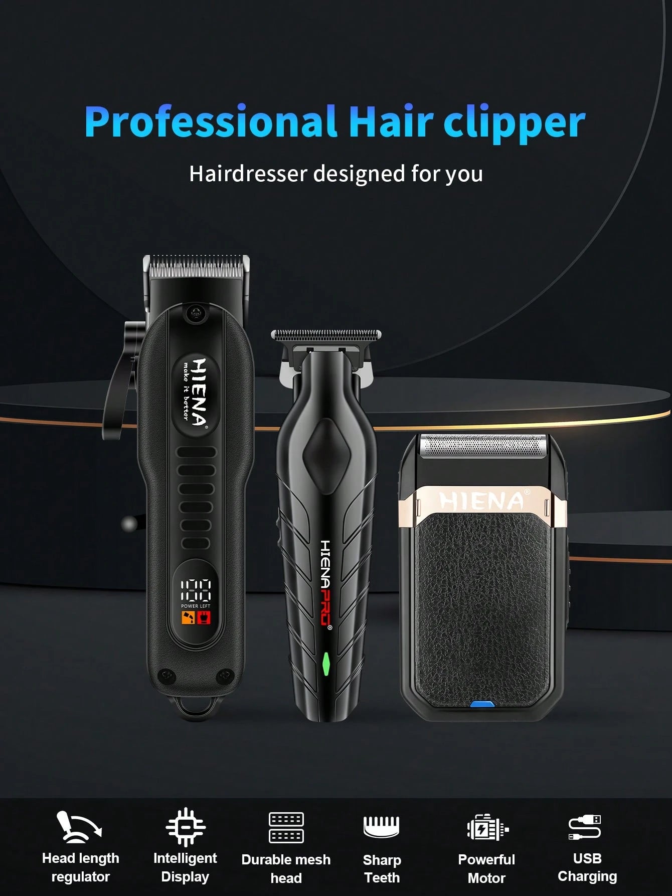 HIENA 3-In-1 Men's Hair Clipper And Electric Shaver Set USB Rechargeable Cordless Trimmer LED Display Lithium Battery Mini Body Multiple Accessories Gift Box