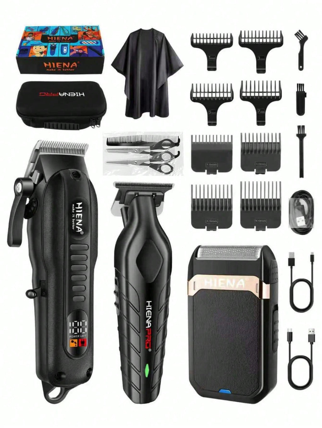 HIENA 3-In-1 Men's Hair Clipper And Electric Shaver Set USB Rechargeable Cordless Trimmer LED Display Lithium Battery Mini Body Multiple Accessories Gift Box